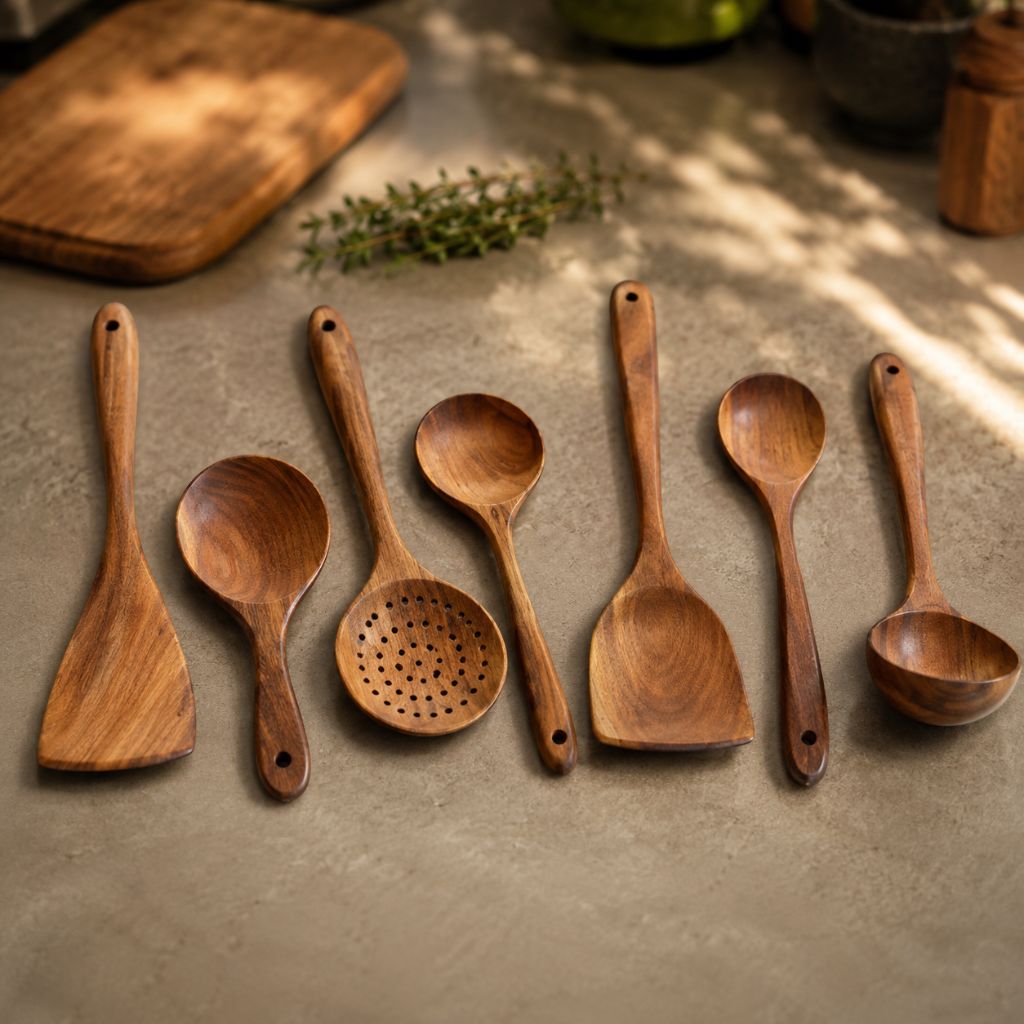 Elegant Teak Wooden Kitchen Utensil Set with Durable Design | Perfect for Everyday Cooking 7
