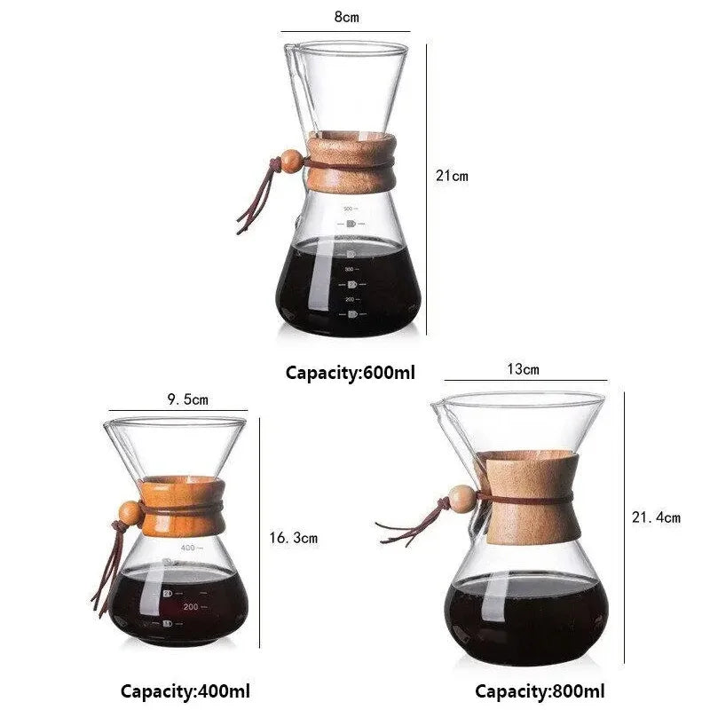 Pour-over coffee pot sizes and dimensions: 400ml, 600ml and 800ml