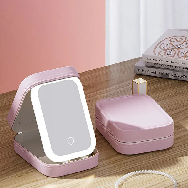 LED travel makeup bag with lighted mirror, Pink