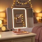 Pink trifold LED vanity makeup mirror open and lit on a bedroom dressing table