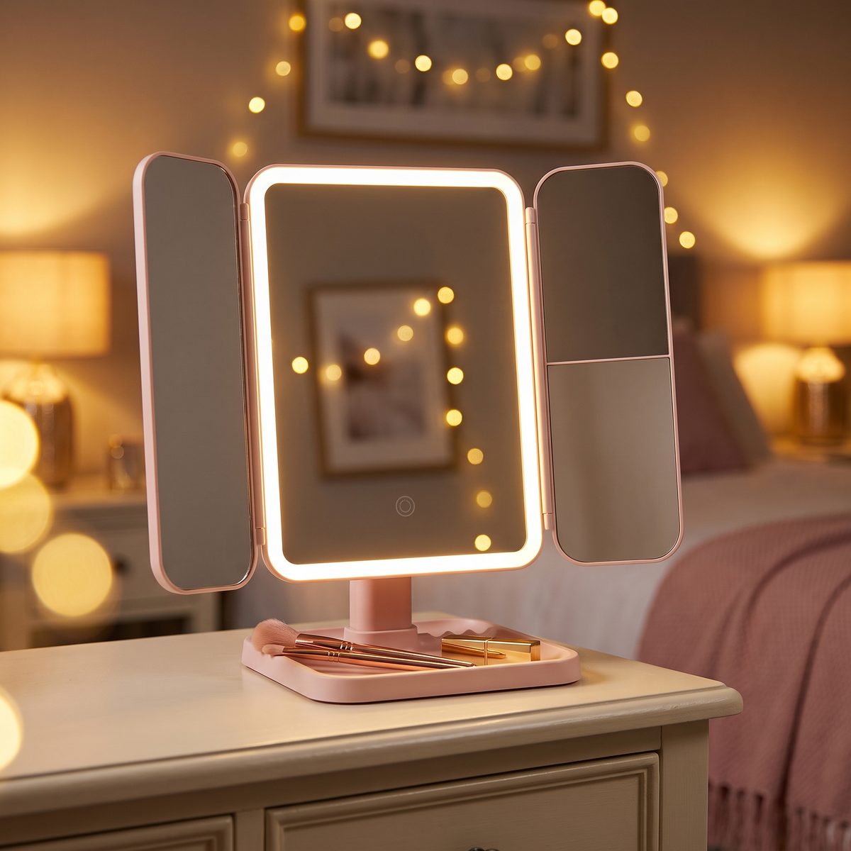 Pink trifold LED vanity makeup mirror open and lit on a bedroom dressing table