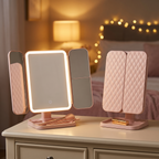 Pink trifold LED vanity makeup mirror, one open and lit and one folded closed on a dressing table