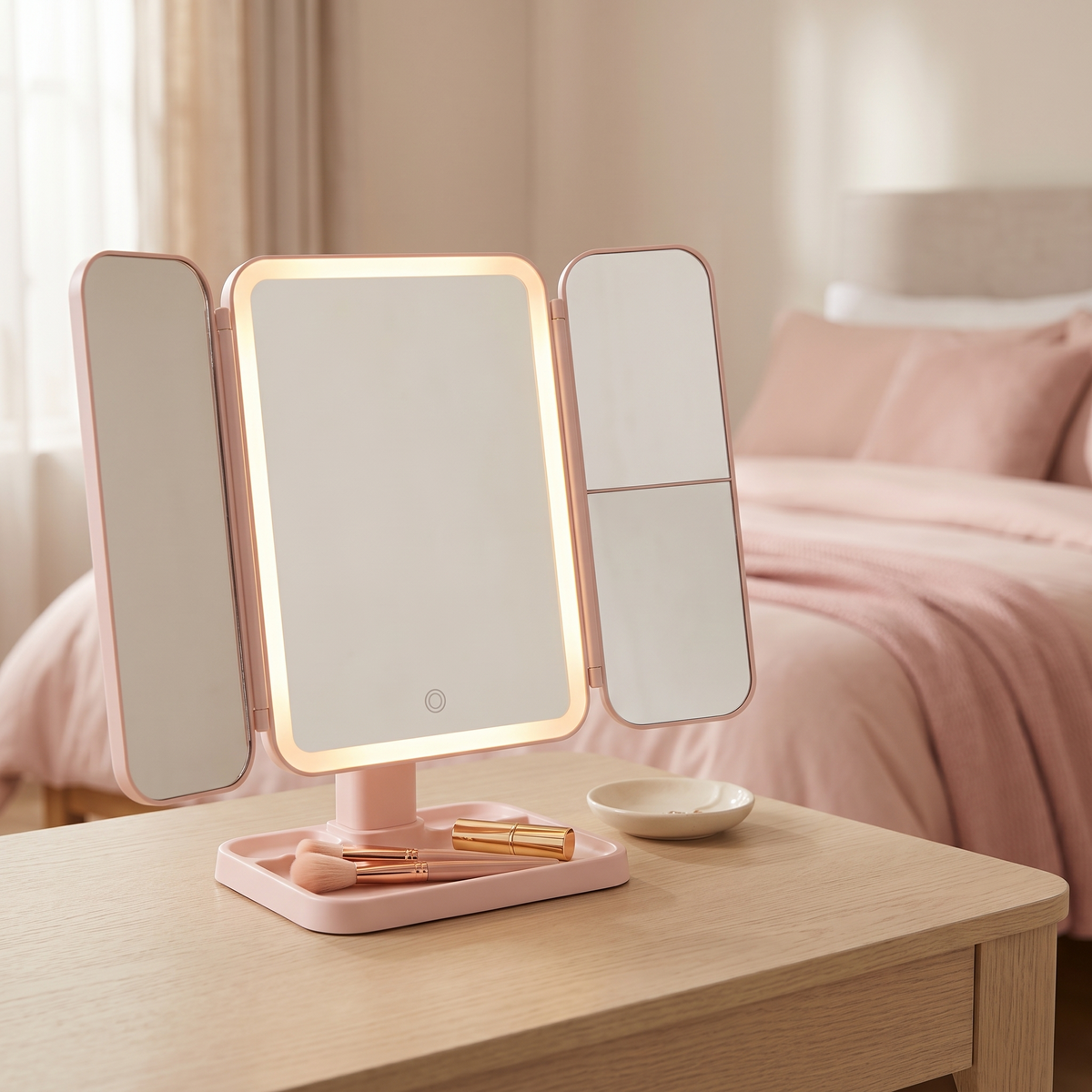 Pink trifold LED vanity makeup mirror open on a wooden dressing table in daylight