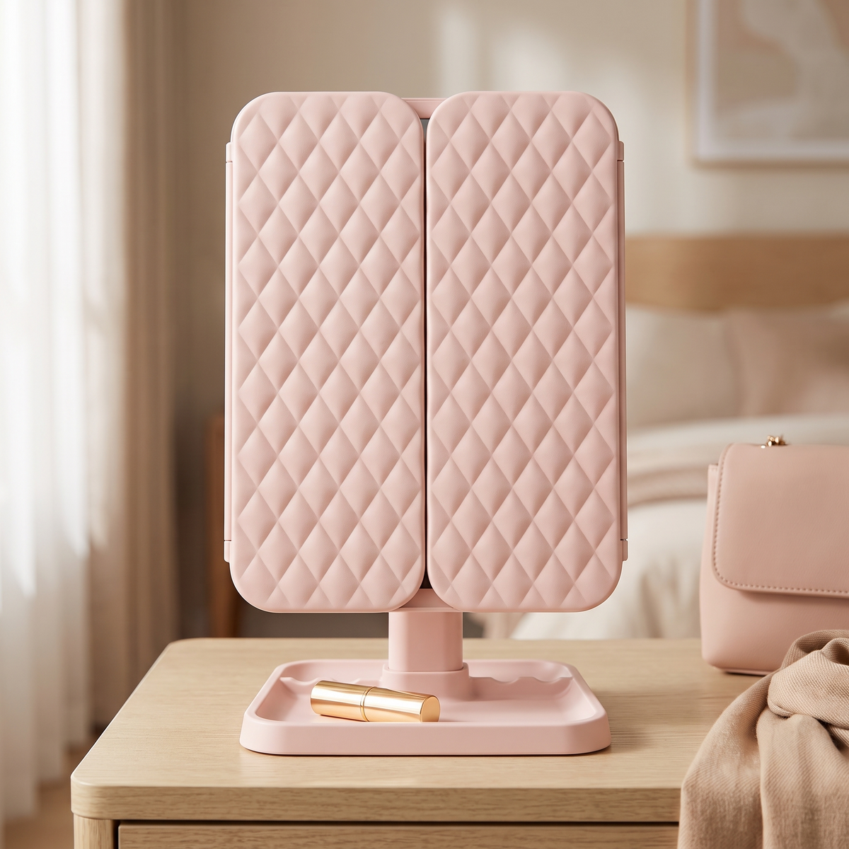 Pink trifold vanity mirror folded closed on its base showing the quilted panels