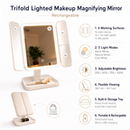 Trifold lighted makeup mirror feature overview: 4 working surfaces, 3 light modes, adjustable brightness, flexible viewing, storage tray, portable and rechargeable