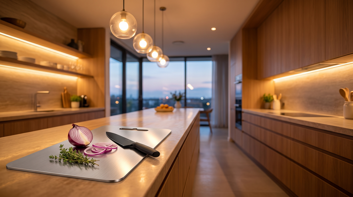 Titanium cutting board on the island of a modern contemporary kitchen with warm lighting