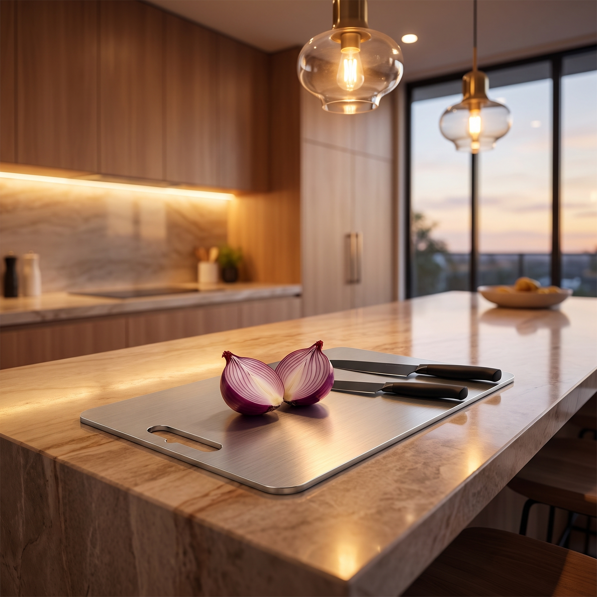 Titanium cutting board on a stone kitchen island under warm pendant lights