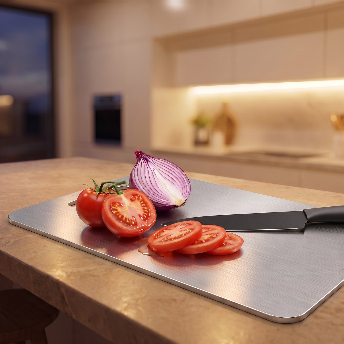 Titanium cutting board with cut tomatoes, red onion and a chef's knife in a warmly lit kitchen
