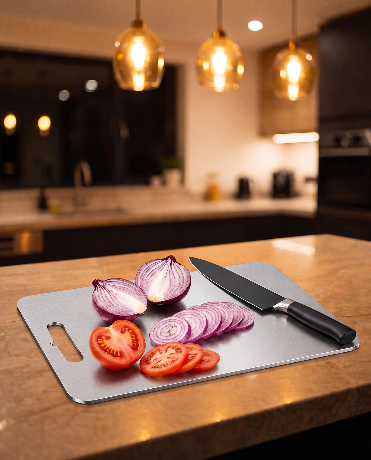 Titanium cutting board with red onion, tomato slices and a chef's knife under warm pendant lights