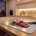 Sliced raw scotch fillet steak on the titanium cutting board