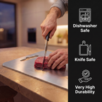 Slicing raw beef on the titanium cutting board: dishwasher safe, knife safe, very high durability