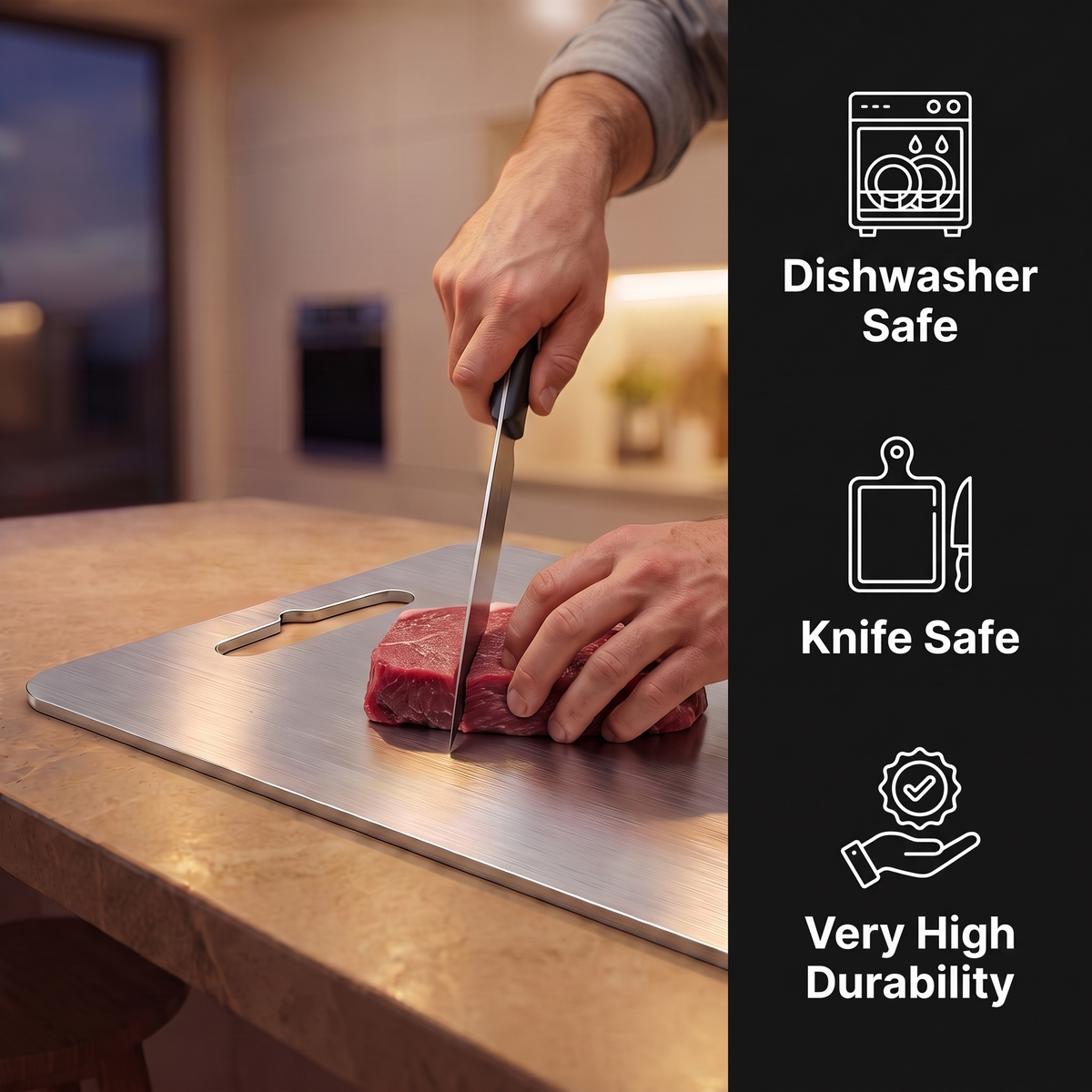 Slicing raw beef on the titanium cutting board: dishwasher safe, knife safe, very high durability
