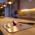 Titanium cutting board with a half red onion, onion rings and a chef's knife on a stone kitchen island at dusk