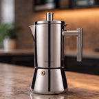 Stainless steel Easyworkz Italian moka pot on a marble kitchen bench