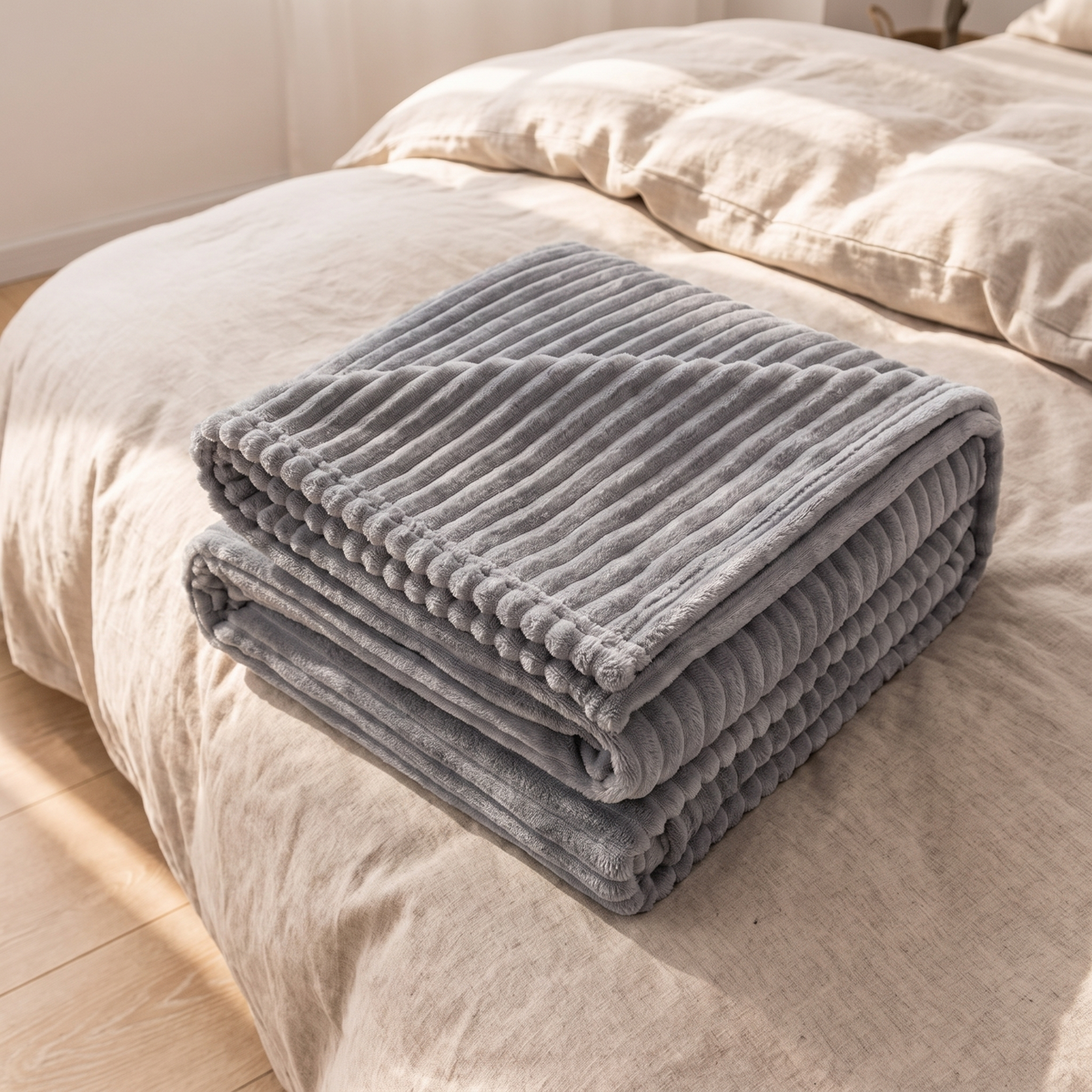 Grey milk fleece blanket folded at the foot of a bed