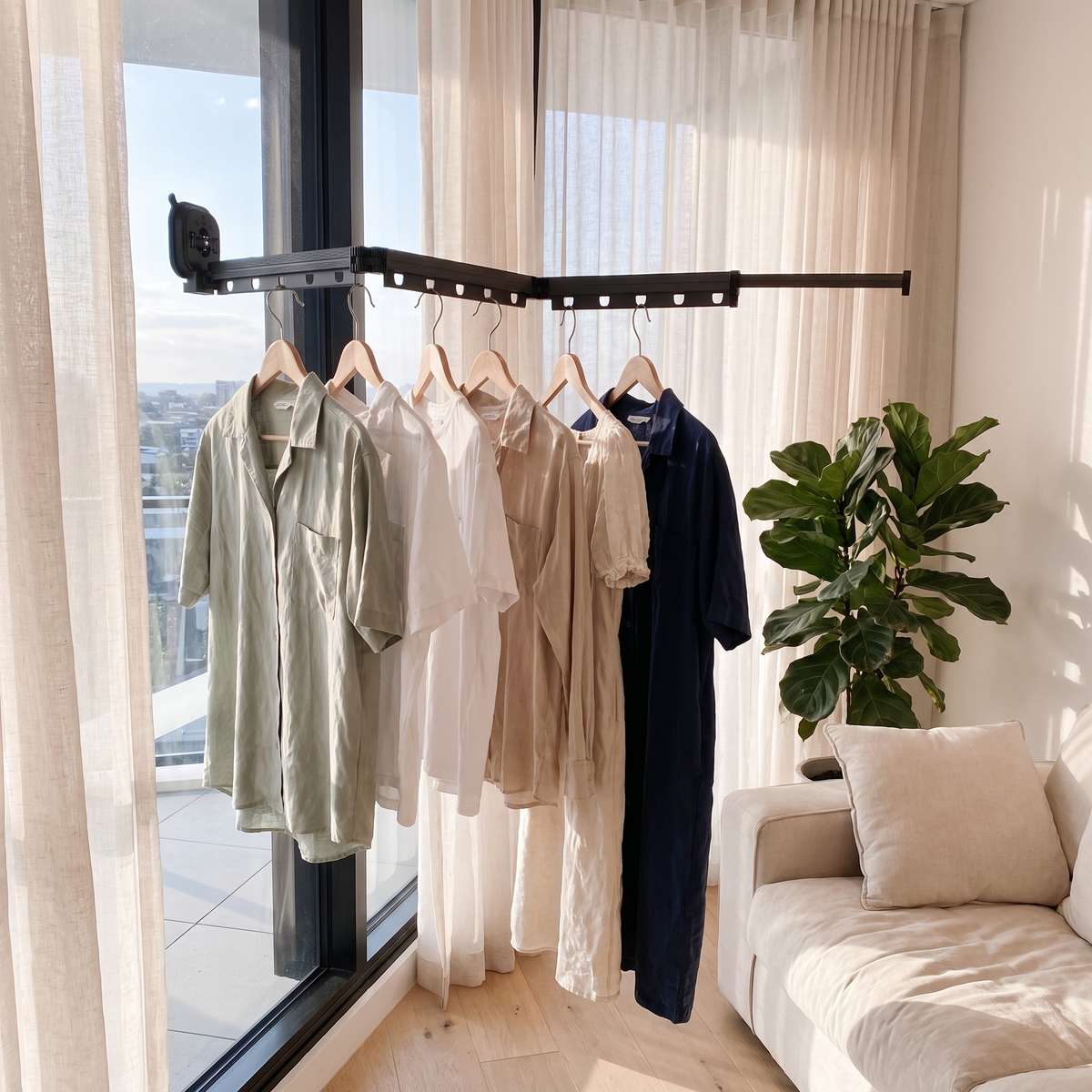 Suction clothes hanger drying shirts at a living room window in an apartment