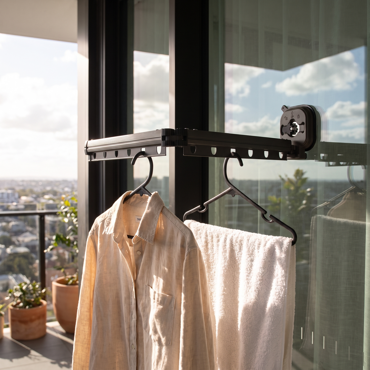 Suction clothes hanger on the inside of a sunny balcony door