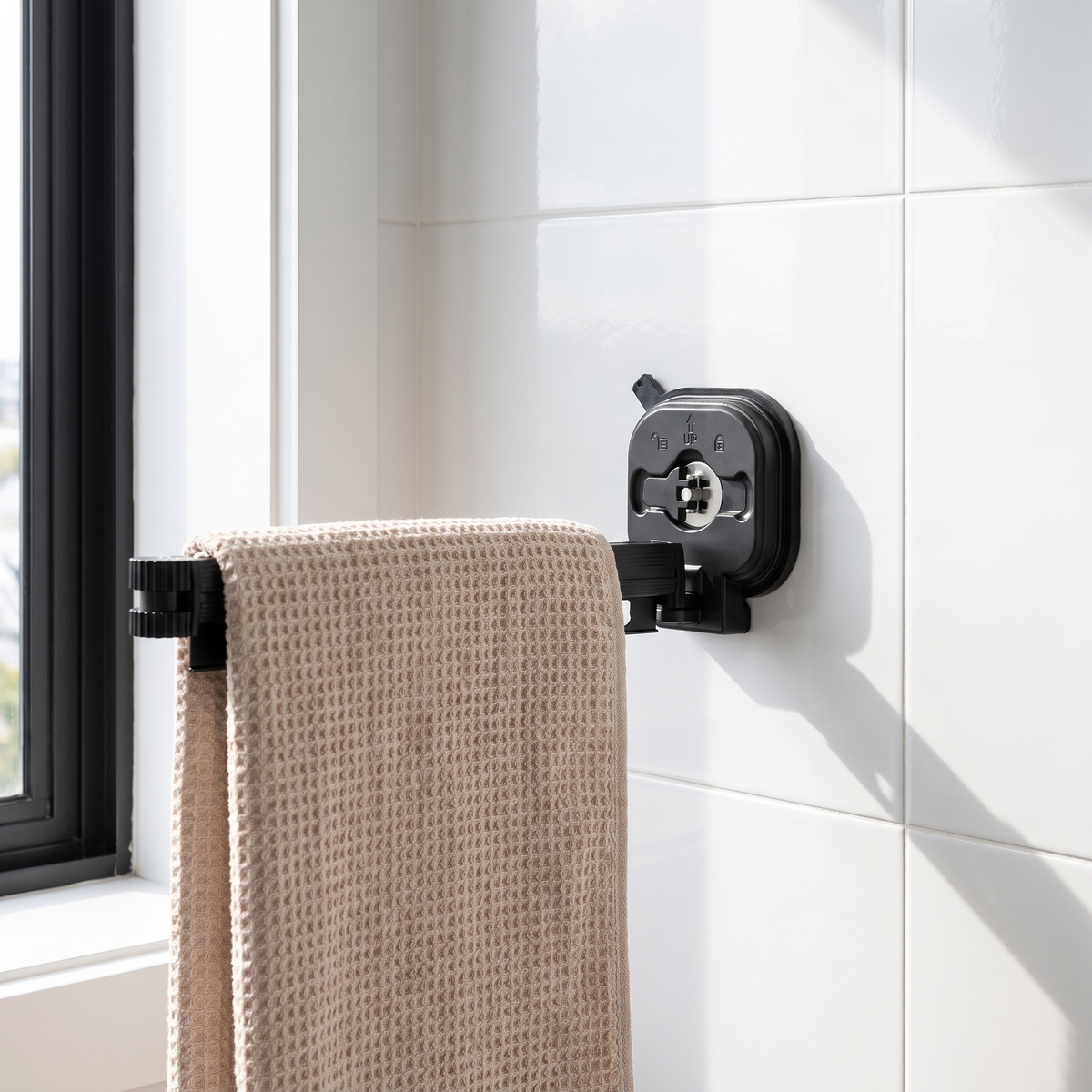 Suction clothes hanger on bathroom tiles holding a bath towel