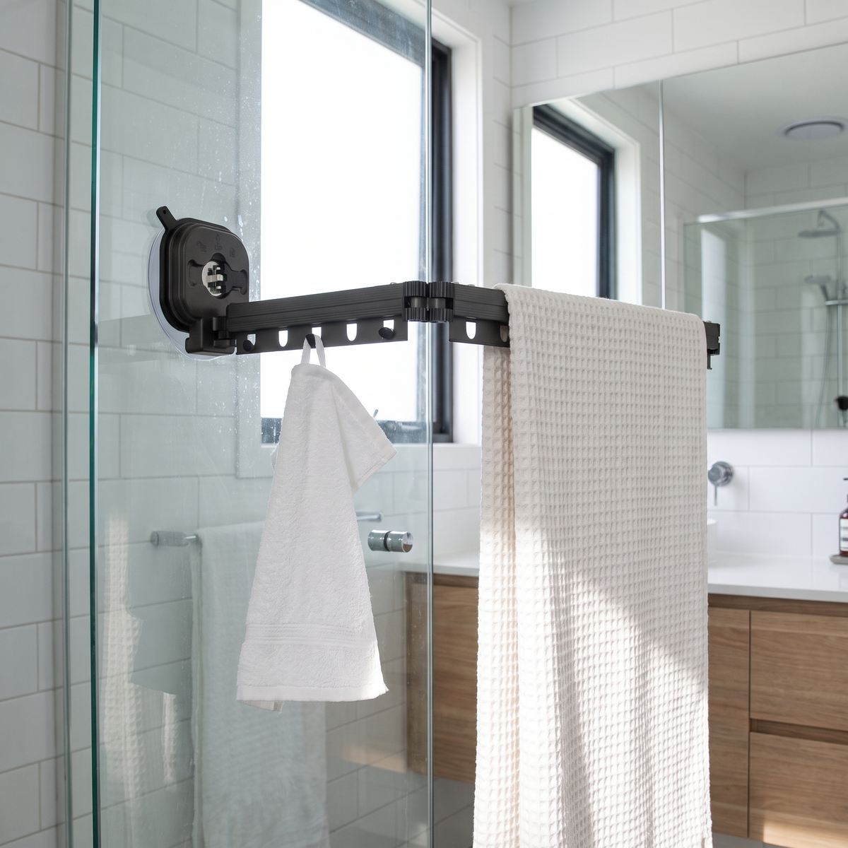 Suction clothes hanger on a glass shower screen holding towels