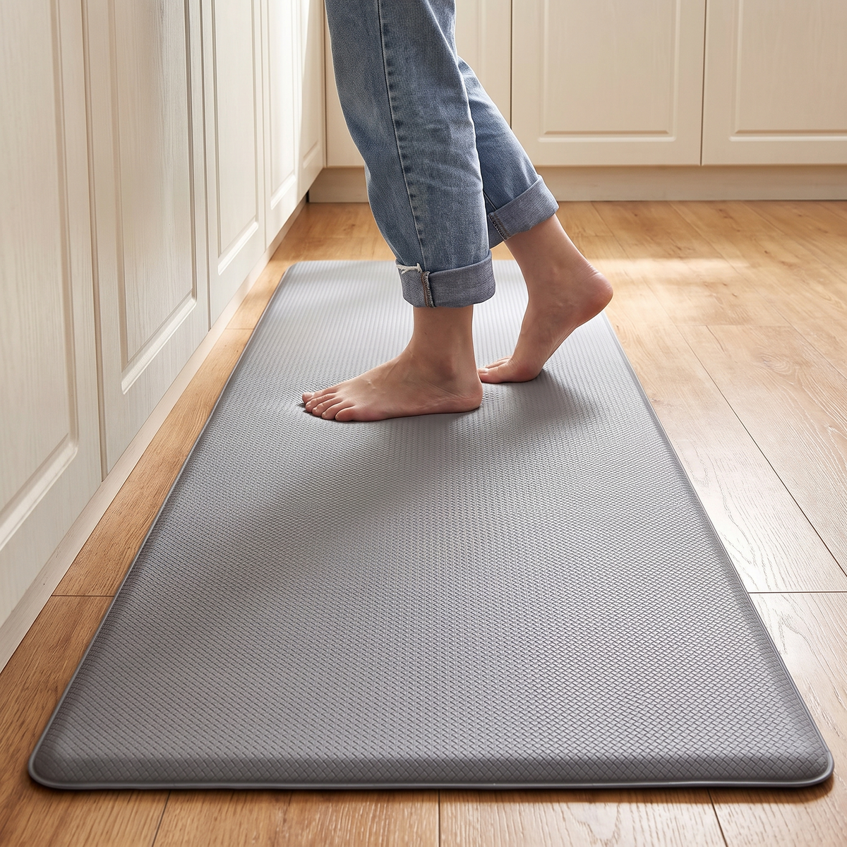 Stepping onto the grey Comfort Kitchen Mat in a kitchen with timber floors