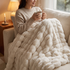 Woman wrapped in a cream faux fur blanket on the sofa with a cup of tea