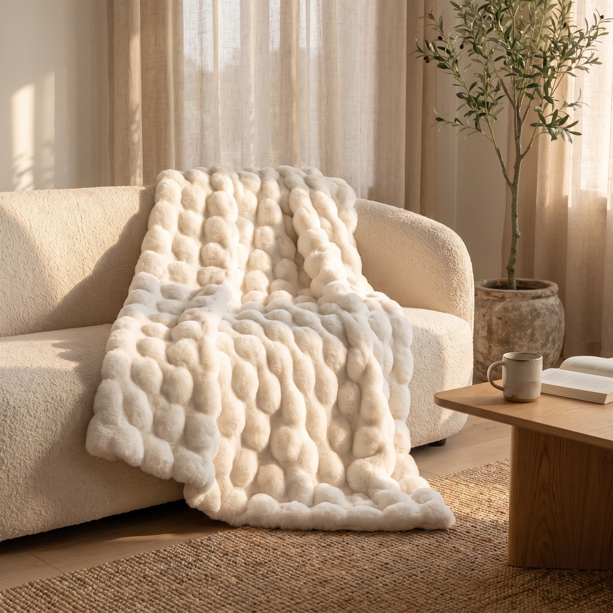 Cream faux fur blanket draped over a sofa in a sunny living room