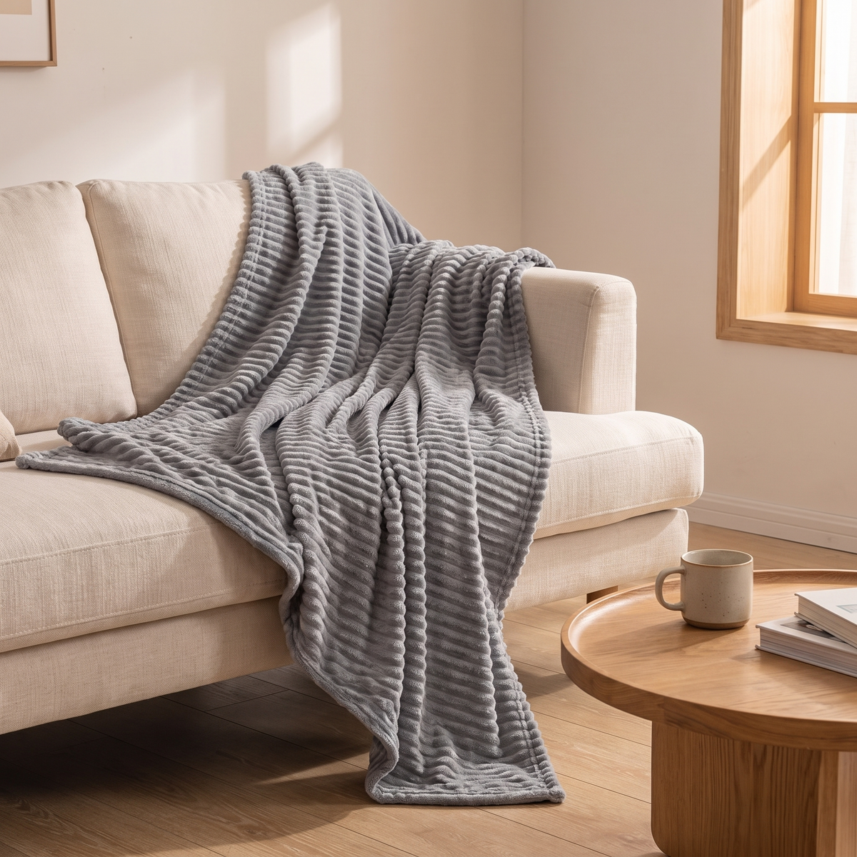 Grey milk fleece blanket draped over a sofa