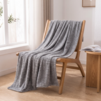 Grey milk fleece blanket over a wooden lounge chair