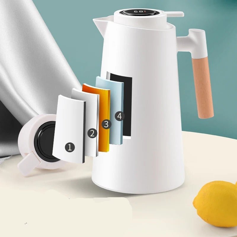 Thermal jug with temperature display on a table