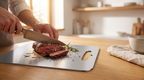 Slicing steak on the titanium cutting board in a bright kitchen