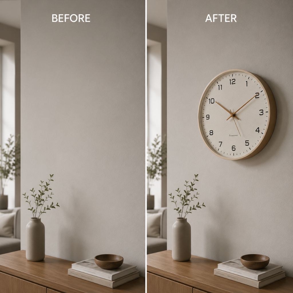 Wooden wall clock before and after on a living room wall