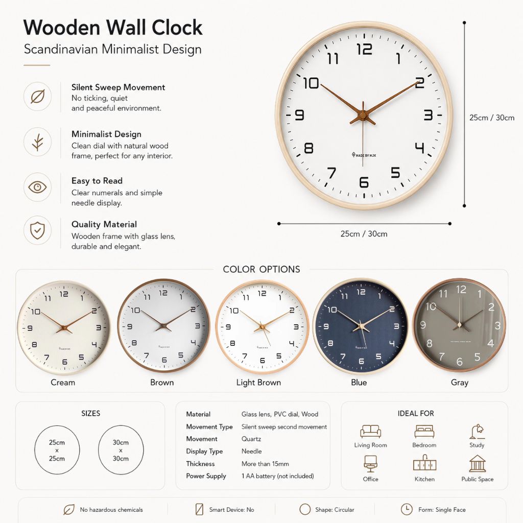 Wooden wall clock sizes and colour options